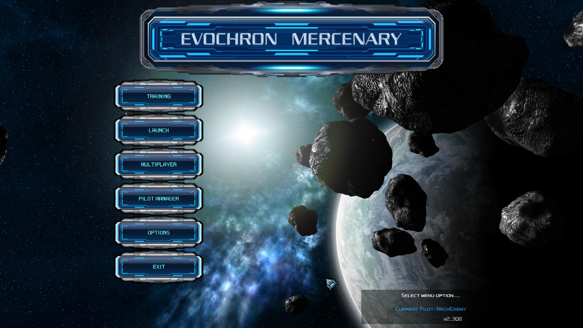 Menu principal de Evochron Mercenary