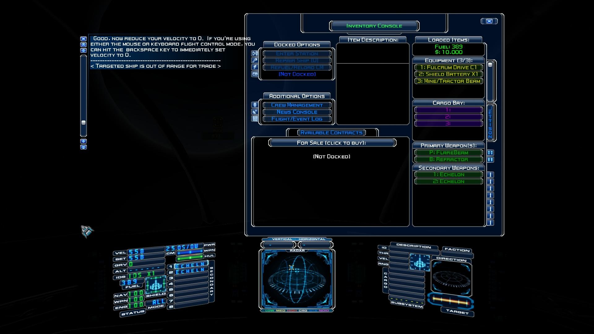 Menus ingame de Evochron Mercenary