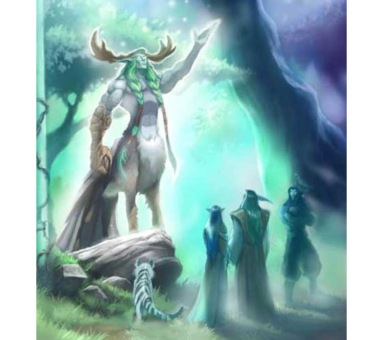 Cenarius, enseignant à Tyrande, Malfurion et Illidan, artwork issu des livres RPG de Warcraft. - Hearthstone