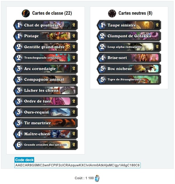 Decks Chasseur Hearthstone Decks de classe Low Cost Millenium