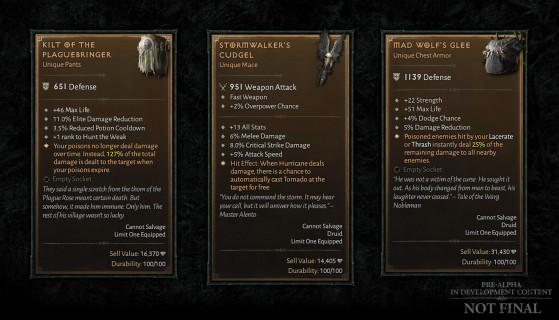 Trois objets uniques disponibles au niveau 20. Chaque objet unique a toujours les mêmes affixes. - Diablo IV