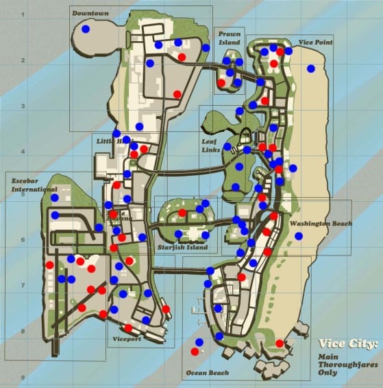 Points bleus = paquets cachés au sol. Points rouges = paquets cachés en hauteur. - GTA Vice City