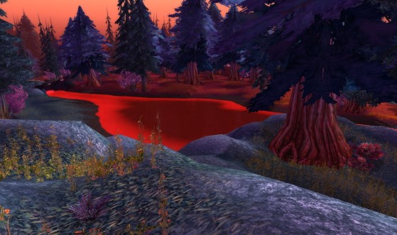 Si la notion de brume est assez peu représentée sur les îles, Brume-Sang, en revanche, n'a pas volé le 'sang' de son nom, tant le décor est imprégné de pourpre. - World of Warcraft