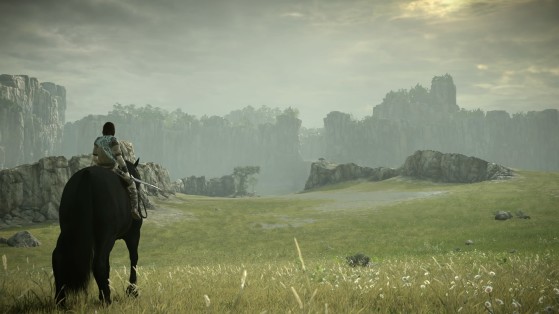 Personnage de Shadow of the Colossus à dos de cheval dans un open field. - Elden Ring