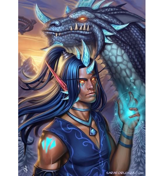 Malygos, représenté à la fois sous la forme de Dragon et d'Humanoïde. FanArt de SaraForlenza. - Hearthstone