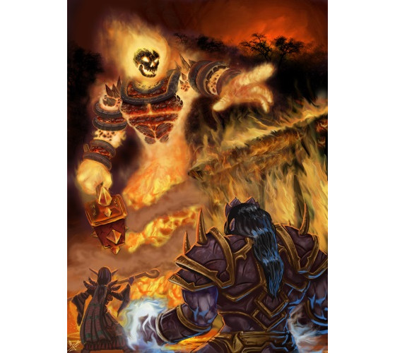 Ragnaros luttant contre les héros. FanArt de evolvana - Hearthstone