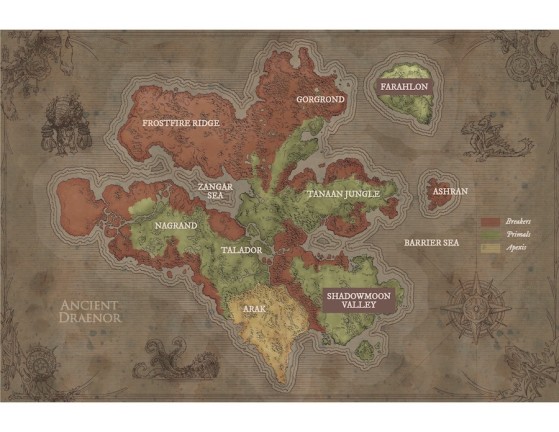 Territoires des Briseurs (rouge), Primordiaux (vert) et Apogides (jaune) de l'Ancienne Dreanor (Chroniques, vol. II, pp. 30-31) - World of Warcraft