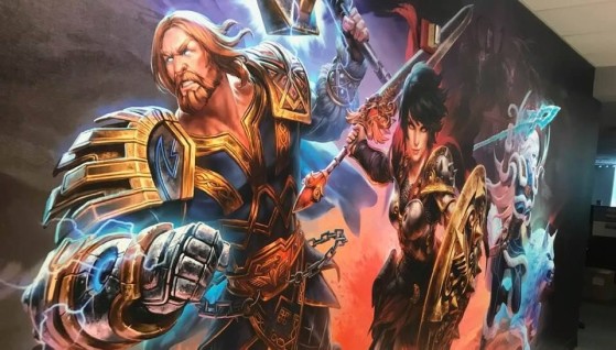 L'un des murs des locaux à l'effigie de Thor, Bellona et Skadi de SMITE - Millenium