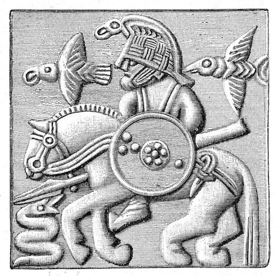 Plaque d'un casque de l'Âge de Vendel qui pourrait représenter Odin accompagné de ses deux corbeaux Hugin et Munin. - God of War Ragnarök