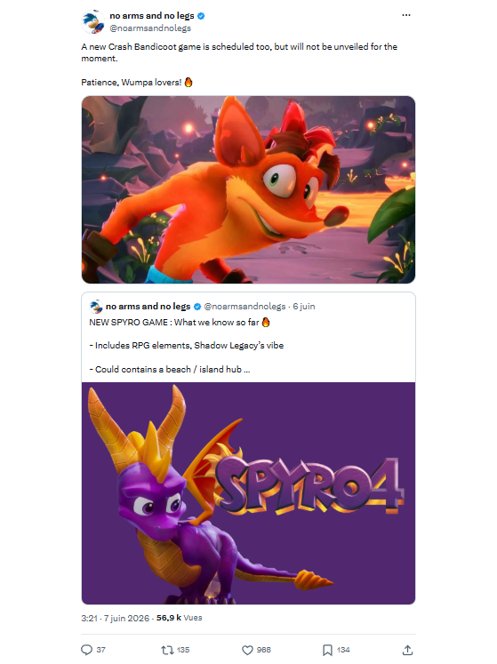 Source : @noarmsandnolegs sur X - Crash Bandicoot 4 : It's About Time