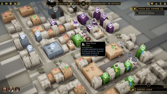 La carte du jeu présente plusieurs quartiers avec la présence des gangs, en vert étant les commerces appartenant au joueur. - Millenium