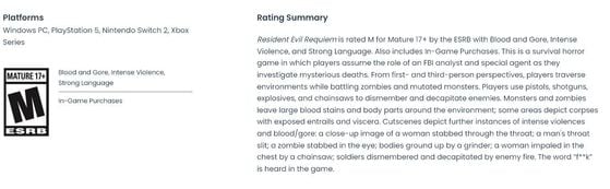 Classification du site ESRB pour Resident Evil Requiem - Resident Evil Requiem