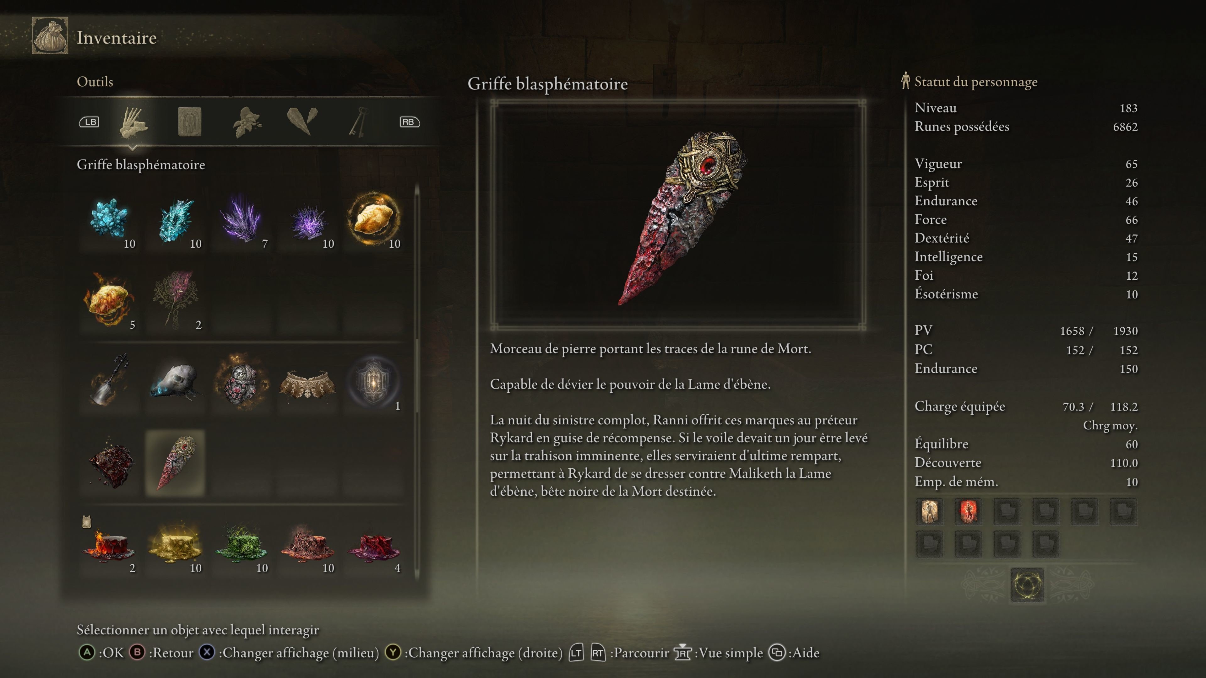 Griffe blasphématoire Elden Ring Position, effet Millenium